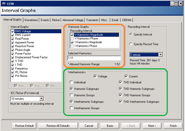 ProVision setup screen for harmonics (orange) and interharmonics (green)