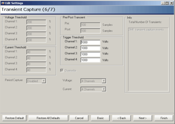 Transient capture screen showing defaults